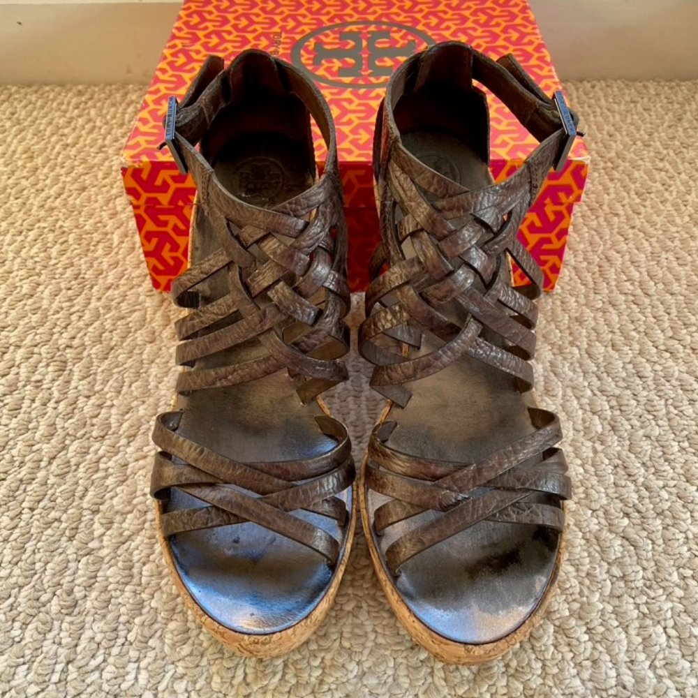 Tory Burch Chocolate Brown Leather Woven Cork Wedge (Size 11)